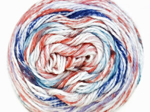 Cotton Waves DK yarn Available in range of shades. This is shade WV 02 “Tranquil” in a shade of pinks blues and creams.