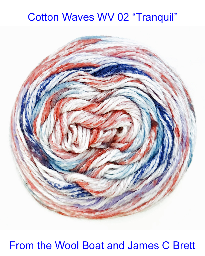 Cotton Waves DK yarn Available in range of shades. This is shade WV 02 “Tranquil” in a shade of pinks blues and creams.