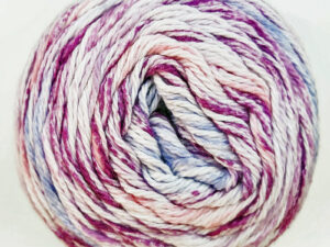 Cotton Waves DK yarn Available in range of shades. This is shade WV 03 “Pretty Purples” in a shade of pinks blues and creams. From James C Brett and The Wool Boat
