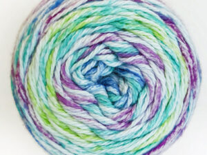 Cotton Waves DK yarn Available in range of shades. This is shade WV 05 “Wild Orchid” in a shades Blues, greens and purples.