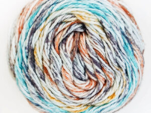 Cotton Waves DK yarn Available in range of shades. This is shade WV 06 “Beach Days” in a shades Blues, fawns and creams. From James C Brett and The Wool Boat