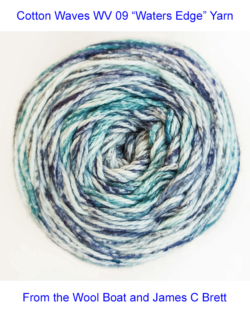 Cotton Waves DK yarn Available in range of shades. This is shade WV 09 “Waters Edge” in a shades Blues and cream.