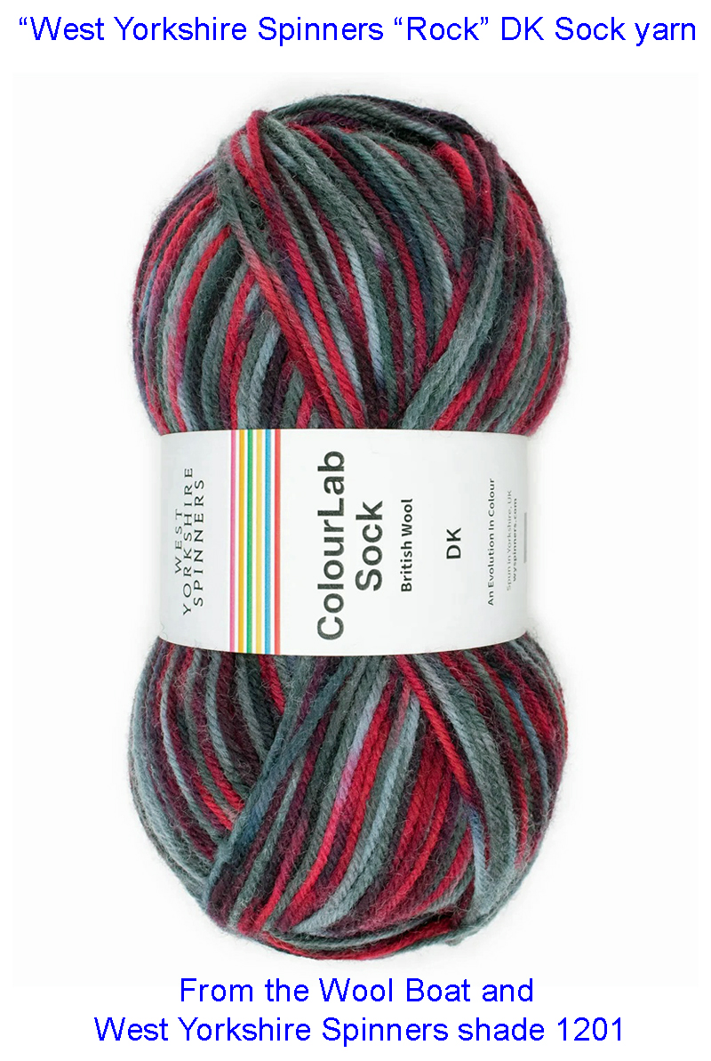 West Yorkshire Spinners Colourlab sock DK Yarn Available in a range of impactful colours. This is shade 1201 named Rock, in shades of red and grey.