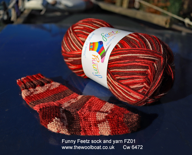 Funny Feetz sock and yarn FZ01 J C Brett’s Funny Feetz 4 ply sock yarn. This is the red shade, no FZ01 which is available from The Wool Boat.