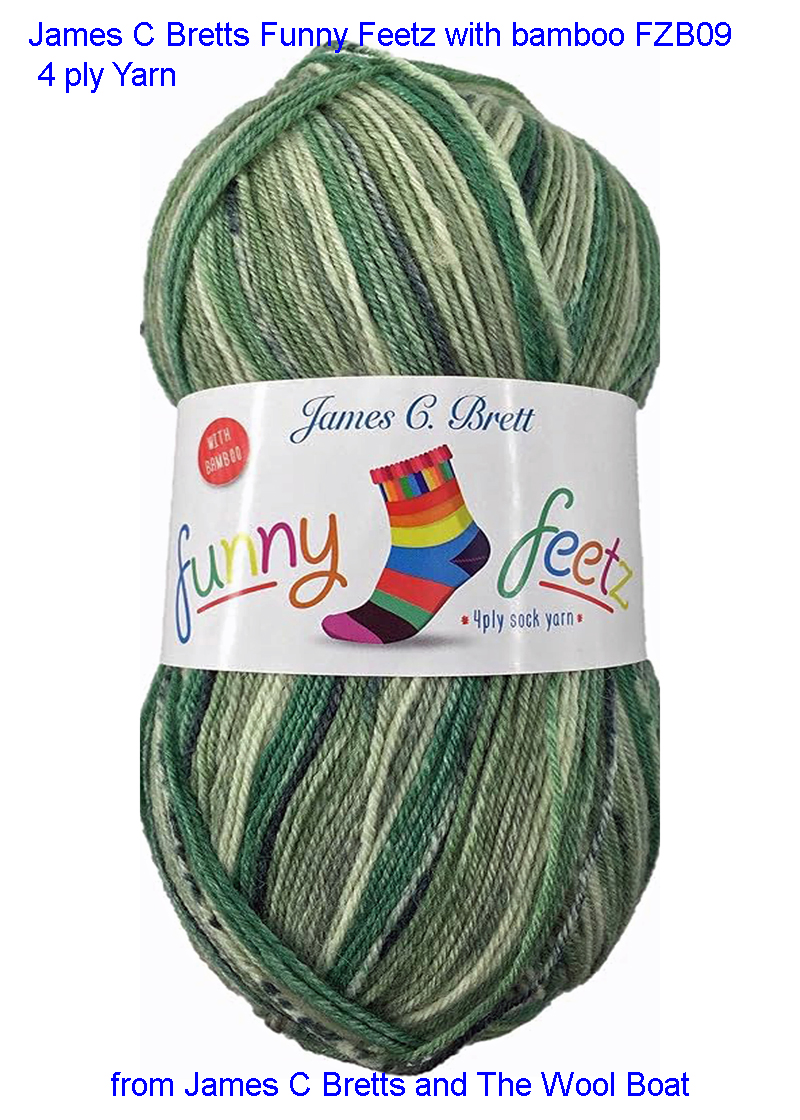 James C Bretts Funny Feetz with Bamboo 4 ply Yarn Funny Feetz with Bamboo Yarn FZB09 Available in shades of bright whirls of variegated colours. Each 100gram ball of yarn in this range is enough to knit or crochet a pair of socks or a couple of balls will make a shawl or a scarf. 50% Superwash Wool 25% Polymaide 25% Bamboo Length 400m 436 yards per 100-gram ball. Needle size, 3.25mm US 3 Tension 28sts+36 rows per 10cm / 4inc square Knits to most sock patterns. Machine Washable Cool Wash at 40C Self-patterning yarn, ideal for scarves and socks Due to the differences in imaging displays the colours may not be rendered quite true, so if you can please come and see us on The Wool Boat when we are open. Fairground with Bamboo from James C Bretts and The Wool Boat This one is FZB09 in colours of greens. Dye lot 05 This yarn can be posted out to a UK address which will plus postage and packing if applicable. Thank you for having a look, Carole, and Capt Col on The Wool Boat.