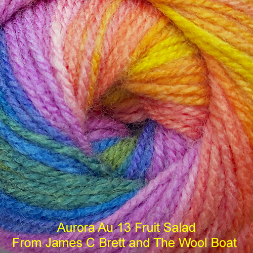 James C Bretts Aurora Double knitting and crochet yarn Machine Washable 80% Acrylic 20% Wool 100-gram balls, 4 mm needles, 345 meters / 377 yards knits to most DK patterns. Tension 22sts+28 row per 10cm / 4inc square. Machine Washable in a mild machine wash. This one is AU 13 in shades of orange lilac and blues called Fruit salad. Dye lot no is 103 This yarn can be posted out to a UK address which will plus postage and packing if applicable. Thank you for having a look, Carole, and Capt Col on The Wool Boat.