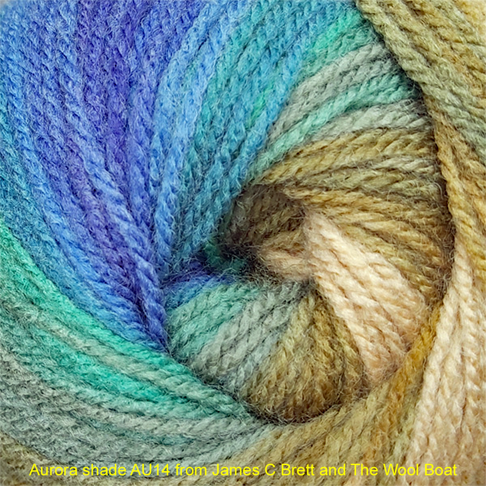 James C Bretts Aurora Double knitting and crochet yarn Machine Washable 80% Acrylic 20% Wool 100-gram balls, 4 mm needles, 345 meters / 377 yards knits to most DK patterns. Tension 22sts+28 row per 10cm / 4inc square. Machine Washable in a mild machine wash. This one is AU 14 in shades of Blues and fawns called Fruit salad. Dye lot no is 83 This yarn can be posted out to a UK address which will plus postage and packing if applicable. Thank you for having a look, Carole, and Capt Col on The Wool Boat.