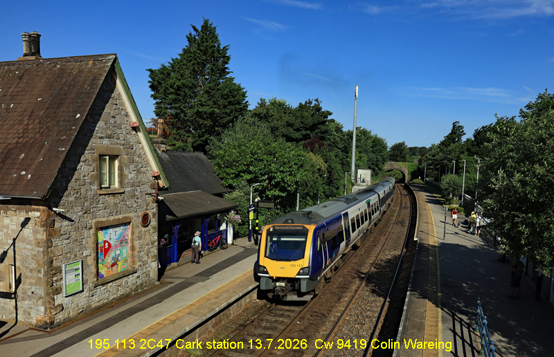 On a bright summers morning a Northen train leaves Cark station as the 08.55 service from Cark to Barrow in Furness.
The train is a three car diesel multiple unit, or DMU no 195.113 which left Lancaster as the 08.21 service to Barrow.
The train is running under headcode or train reporting number 2C47.
Photo image Cw 9419 Copyright Colin Wareing
