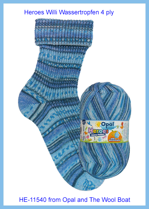 “Opal “Heroes Willi Wassertropfen / Kleine Helden” From the Wool Boat and Opal, shade 11540 4 ply knitting or crochet yarn from Opal Heroes range.75% Wool - 25 % polyamide. It is ideal for socks and more! Makeup - Size 100gm balls (425m) Tension Stitch 30 Stitches x 42 Rows to a 4-inch square. 2.25mm (UK13) needles A quality yarn at a nice price from a unique wool shop. If you can’t get to us on The Wool Boat we can post out to a UK address for postage cost if applicable. Machine Wash 340° This is the Willi Wassertropfen , Shade no 11540, in shades of blue. The dye lot no is 3884 Collect from The Wool Boat moored near Burscough in West Lancashire or this yarn can be posted out to a UK address with postage and packing added if applicable. Thank you for having a look, Carole, and Capt Col on The Wool Boat.