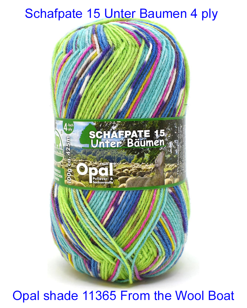 Opal “Schafpate 15 Unter Baumen” From the Wool Boat and Opal, shade 11365 4 ply in shades of green and blue knitting or crochet yarn from Opal range.75% Wool - 25 % polyamide. It is ideal for socks and more! Makeup - Size 100gm balls (425m) Tension Stitch 30 Stitches x 42 Rows to a 4-inch square. 2.25mm (UK13) needles A quality yarn at a nice price from a unique wool shop. If you can’t get to us on The Wool Boat we can post out to a UK address for postage cost if applicable. Machine Wash 340° This is the Schafpate 15 Unter Baumen, Shade no 11365, in shades of green and blue. The dye lot no is 3394 Collect from The Wool Boat moored near Burscough in West Lancashire or this yarn can be posted out to a UK address with postage and packing added if applicable. Thank you for having a look, Carole, and Capt Col on The Wool Boat.