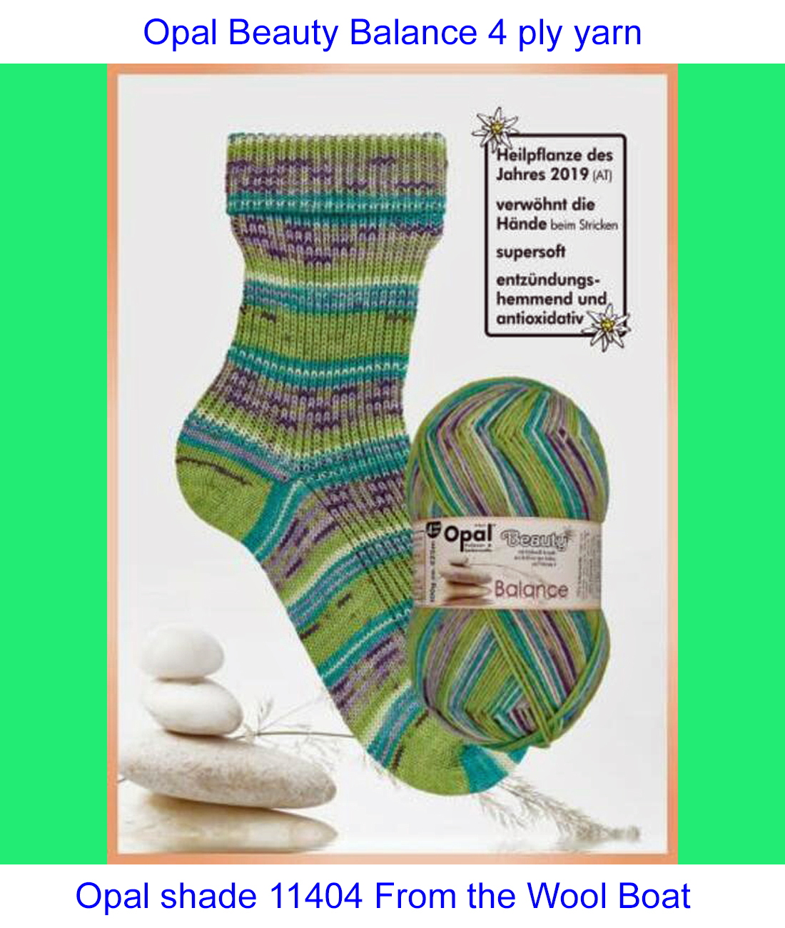 “Opal “Beauty Balance” From the Wool Boat and Opal, shade 11404 4 ply in shades of green and lilac knitting or crochet yarn from Opal range.75% Wool - 25 % polyamide. It is ideal for socks and more! Makeup - Size 100gm balls (425m) Tension Stitch 30 Stitches x 42 Rows to a 4-inch square. 2.25mm (UK13) needles A quality yarn at a nice price from a unique wool shop. If you can’t get to us on The Wool Boat we can post out to a UK address for postage cost if applicable. Machine Wash 340° This is the Beauty Balance, Shade no 11404, in shades of green and lilac. The dye lot no is 3448 Collect from The Wool Boat moored near Burscough in West Lancashire or this yarn can be posted out to a UK address with postage and packing added if applicable. Thank you for having a look, Carole, and Capt Col on The Wool Boat.
