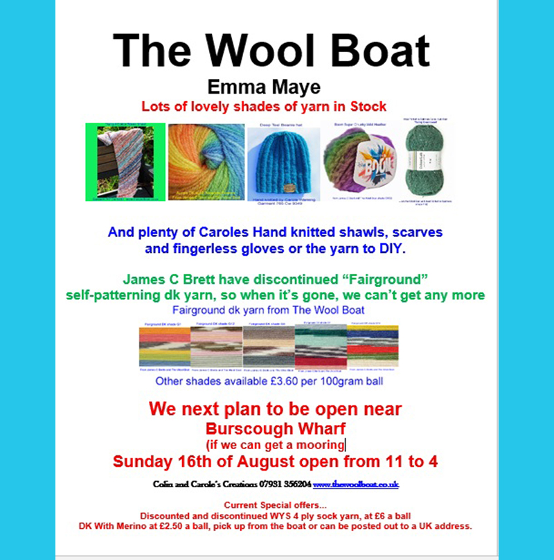 Providing there is a mooring and it’s not too windy we will be back in Burscough near the Wharf on Sunday the 16th of August open from 11 to 4, if we can't get in we hope to be moored and open near Canal View off Orrell Lane, a bit nearer our mooring along from the Wharf.