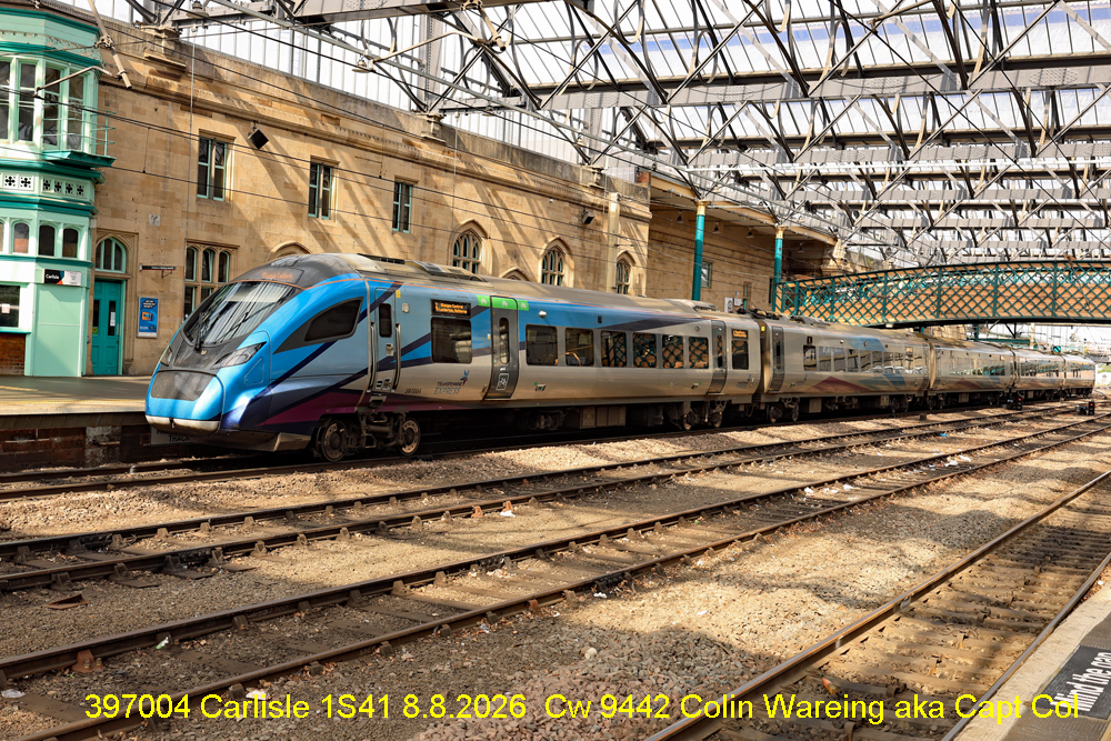 397004 Carlisle 1S41 8.8.2026

Under the light and airy train shed at Carlisle station stands Trans Pennine Express train no 397 004. The train service it is working is the 08.13 train from Liverpool to Glasgow Central on a nice summer Saturday. 
Calling here in Carlisle at 10.11 hrs
The date is 8.8.2026
Image Cw 9442 copyright Colin Wareing of Colin and Carole’s Creations