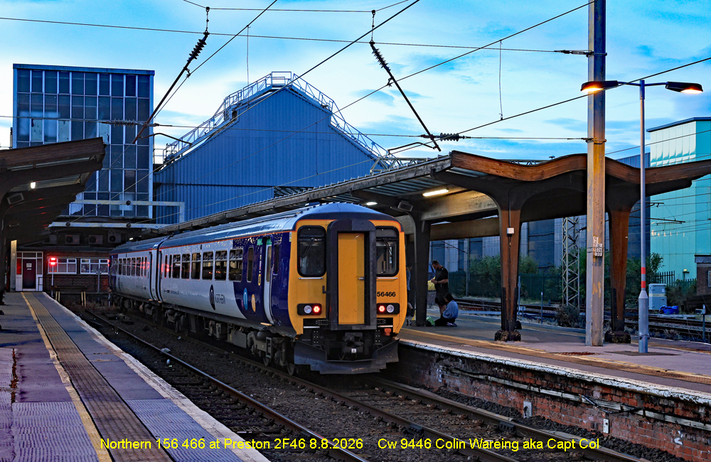 Last train of the day,  Northern 156 466 at Preston 2F46 8.8.2026

Northern train no 156 466 stands in the bay platform, 3c at the south end of Preston station waiting to work the 21.10 train service to Ormskirk on a warm summer Saturday evening.  
The date is 8.8.2026
Image Cw 9446 copyright Colin Wareing of Colin and Carole’s Creations