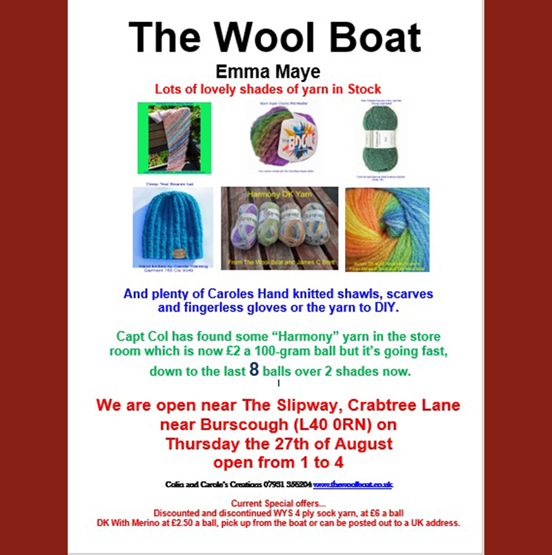 Short week for us before we have a short break over the Bank Holiday weekend and a bit more. 
The plan is to be open near The Slipway on Thursday afternoon, the 27th August while it is the Knit and Natter in the pub when everyone is all welcome to join the Slipway Stitchers in the pub, welcoming any stitchers, in which ever craft, to join them from 1 until about 4. For further info call Carole on 07919 598911.
You may find Capt Col in the pub as it gets nearer 4 o clock!
Then we will be closed for a couple of weeks until the 10th of September. 
Any shares would be appreciated, thank you.
Carole and Capt Col
