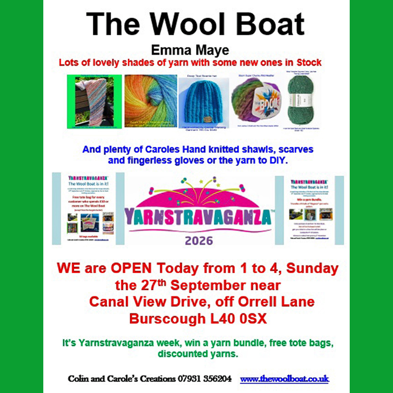 Sunday starts a week long yarny celebration "Yarnstravaganza" and we are starting the week alongside Canal View Drive off Orrell Lane, Today Sunday 27.9.2026.