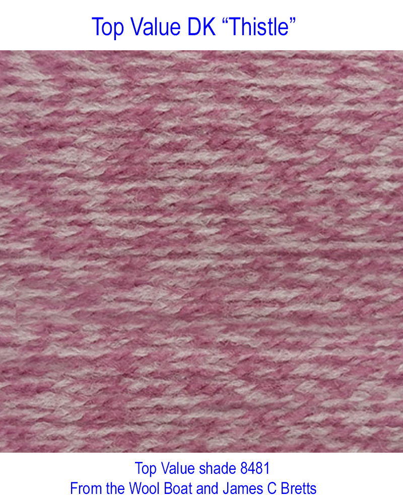 James C Bretts DK Top Value “Thistle” TV 8481 in a shade of grey and pink. Available in a good range of shades and one of the most versatile double knitting weight yarns you’ll find. This yarn is 100% Premium Acrylic Each 100grm Ball contains 290m/317yrds and knits to double knitting patterns on 4mm needles. Tension 22sts + 28rows per 10cm / 4 inch Knits to most D K patterns. Machine Washable 30° Dye lot 52486 This yarn can be posted out to a UK address which will attract postage and packing if applicable. Thank you for having a look, Carole, and Capt Col on The Wool Boat.