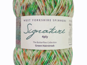 shade 1246 4 ply knitting or crochet yarn from the West Yorkshire Spinners Signature 4 Ply range.75% Wool - 25% Nylon. The wool content contains 35% luxurious Blue faced Leicester making this one of the most sumptuous 4 Ply products on the market. It is ideal for socks and more! From the West Yorkshire Spinners Signature 4 ply range. West Yorkshire Spinners, reared, sheared and spun in Britain. British Wool Mark Makeup - Size 100gm balls (400m) Tension 36rs x 28sts - 10cm sq - 3.25mm (US3) needles A quality yarn at a nice price from a unique wool shop. If you can’t get to us on The Wool Boat we can post out to a UK address for postage cost if applicable. Machine Wash 30° This is the Green Hairstreak shade from the Butterflies range, Shade no 1246, in shade of Green, cream and orange. The dye lot no is 2628 Collect from The Wool Boat moored near Burscough in West Lancashire or this yarn can be posted out to a UK address with postage and packing added if applicable. Thank you for having a look, Carole, and Capt Col on The Wool Boat.