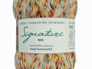 “West Yorkshire Spinners “Small Tortoiseshell” From the Wool Boat and West Yorkshire Spinners, shade 1243 4 ply knitting or crochet yarn from the West Yorkshire Spinners Signature 4 Ply range.75% Wool - 25% Nylon. The wool content contains 35% luxurious Blue faced Leicester making this one of the most sumptuous 4 Ply products on the market. It is ideal for socks and more! From the West Yorkshire Spinners Signature 4 ply range. West Yorkshire Spinners, reared, sheared and spun in Britain. British Wool Mark Makeup - Size 100gm balls (400m) Tension 36rs x 28sts - 10cm sq - 3.25mm (US3) needles A quality yarn at a nice price from a unique wool shop. If you can’t get to us on The Wool Boat we can post out to a UK address for postage cost if applicable. Machine Wash 30° This is the Small Tortoiseshell shade from the Butterflies range, Shade no 1243, in shade of Cream, orange and grey. The dye lot no is 2610 Collect from The Wool Boat moored near Burscough in West Lancashire or this yarn can be posted out to a UK address with postage and packing added if applicable. Thank you for having a look, Carole, and Capt Col on The Wool Boat.