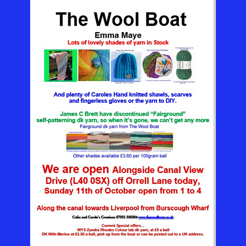 The weather is fit after yesterdays wind but once again there is no suitable mooring near Burscough Wharf so we are back near Canal View Drive off Orrell Lane (L40 OSX) where we will be open today Sunday the 11th of October open from 1 to 4.