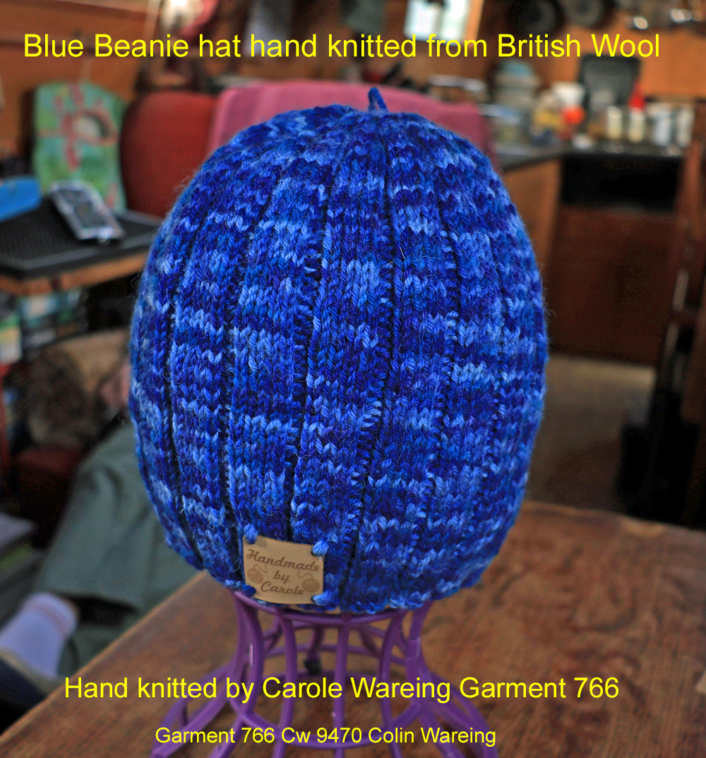Blue Beanie hat hand knitted from British Wool Beanie hat in shades of blues. A blue adult beanie hat hand knitted aboard the narrow boat “Emma Maye” in Lancashire by Carole Wareing of Colin and Carole’s Creations. Great for an adult or teenager, Colour – shades of blues. British Wool with a nylon content which helps keep the hat tight to your head, machine washable at 40 degrees C on a gentle wool or wash cycle. The price is £15 or can be posted to a uk address with p and p if applicable. Created from a shade West Yorkshire Spinners yarn “Colour Lab DK” range which we stock on The Wool Boat. Hand knitted by Carole Wareing Garment 766 Cw 9470 Garment 766 Garment 766 Cw 9470 Colin Wareing Image Cw 9470 copyright Colin Wareing of Colin and Carole’s Creations www.thewoolboat.co.uk www.colinandcarolescreations.co.uk Garment 766 Cw 9470 E-mail colinandcarolescreations@yahoo.co.uk Phone no 07931 356204