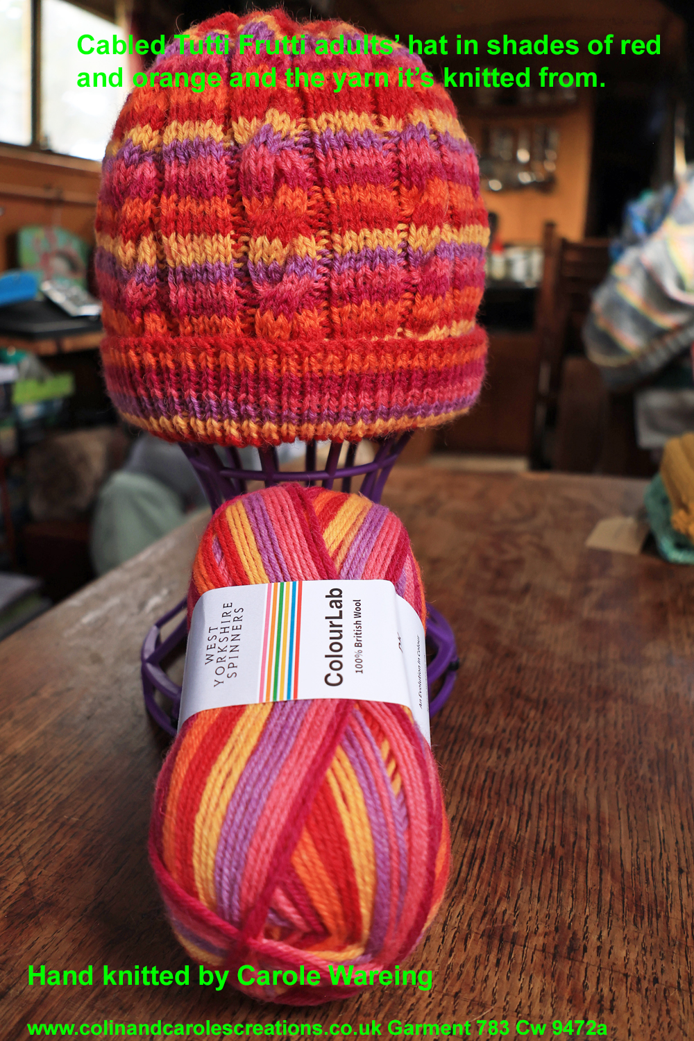 Red and orange cabled hat hand knitted from British Wool - Image 2