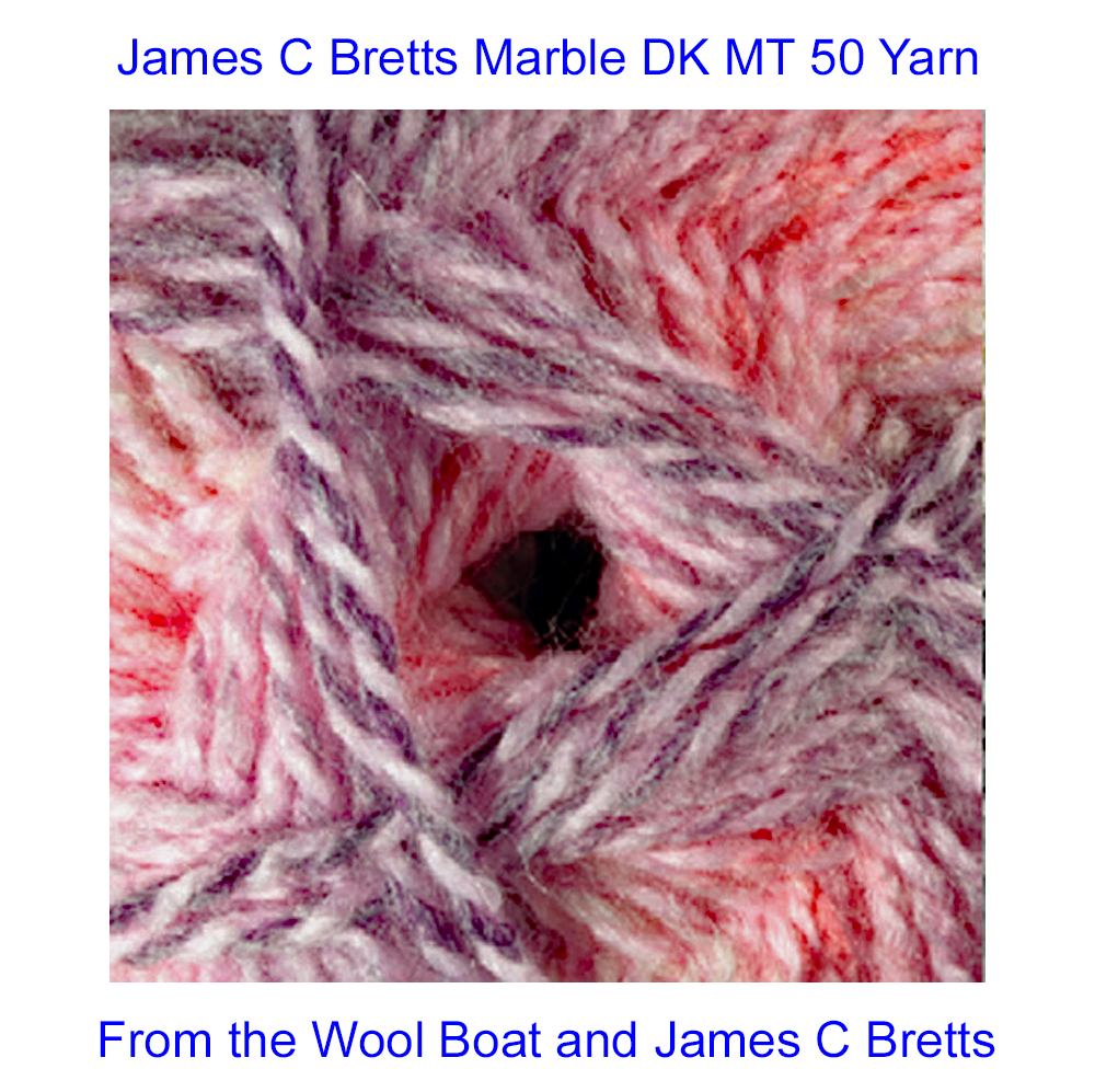James C Bretts Marble DK knitting and crochet yarn Marble DK MT 50 Yarn Double knitting yarn in shades of pink and lilac 100% Premium Acrylic Length 268m or 293 yards per 100-gram ball. Needle size, 4mm US 6 Tension 28sts+30rows per 10cm/4inch Knits to most DK patterns. Machine Washable at 30C Dye lot 3980 This yarn can be posted out to a UK address which will plus postage and packing if applicable. Thank you for having a look, Carole, and Capt Col on The Wool Boat.