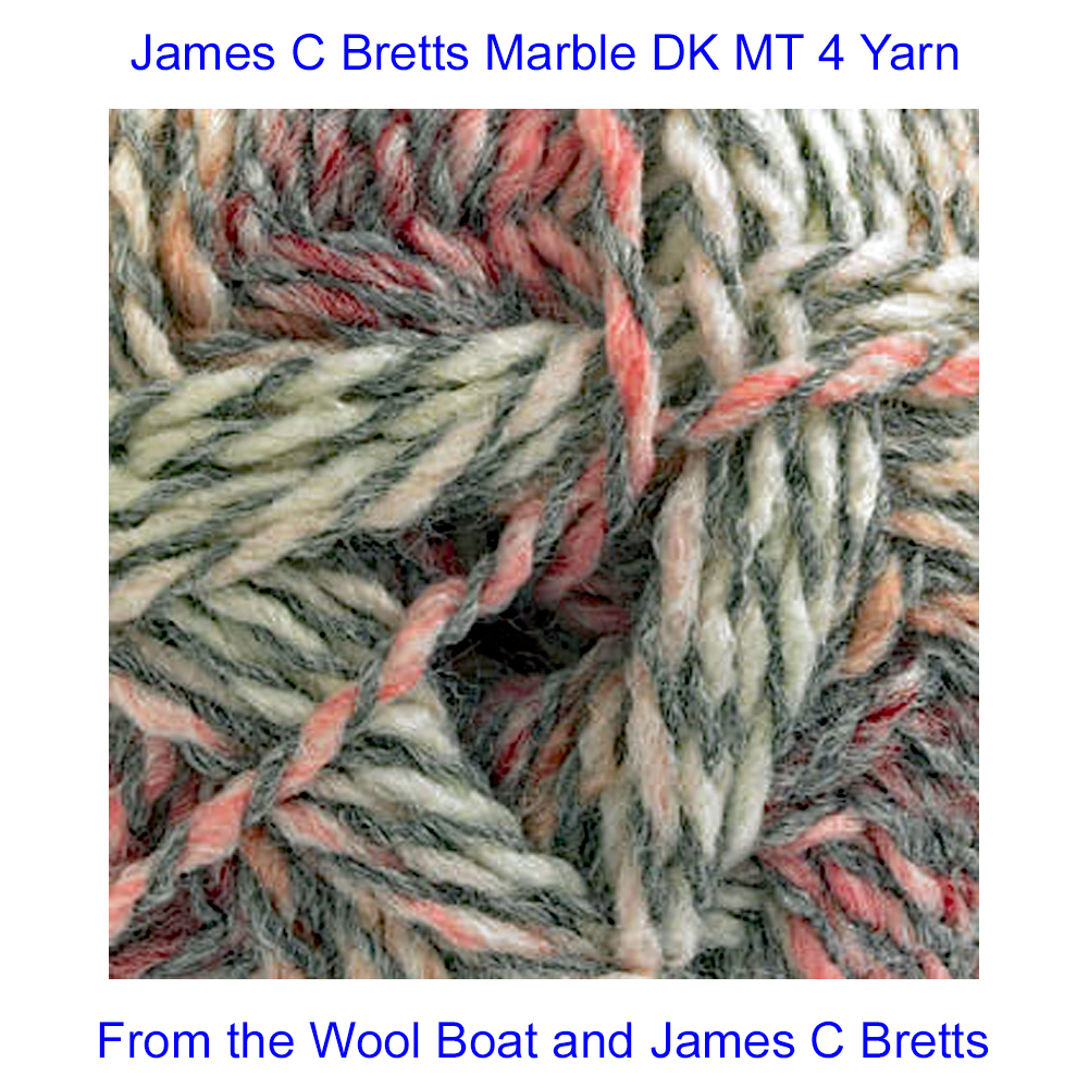James C Bretts Marble DK knitting and crochet yarn Marble DK MT 4 Yarn Double knitting yarn in shades of greys and pinks 100% Premium Acrylic Length 268m or 293 yards per 100-gram ball. Needle size, 4mm US 6 Tension 28sts+30rows per 10cm/4inch Knits to most DK patterns. Machine Washable at 30C Dye lot 3830 This yarn can be posted out to a UK address which will plus postage and packing if applicable. Thank you for having a look, Carole, and Capt Col on The Wool Boat.