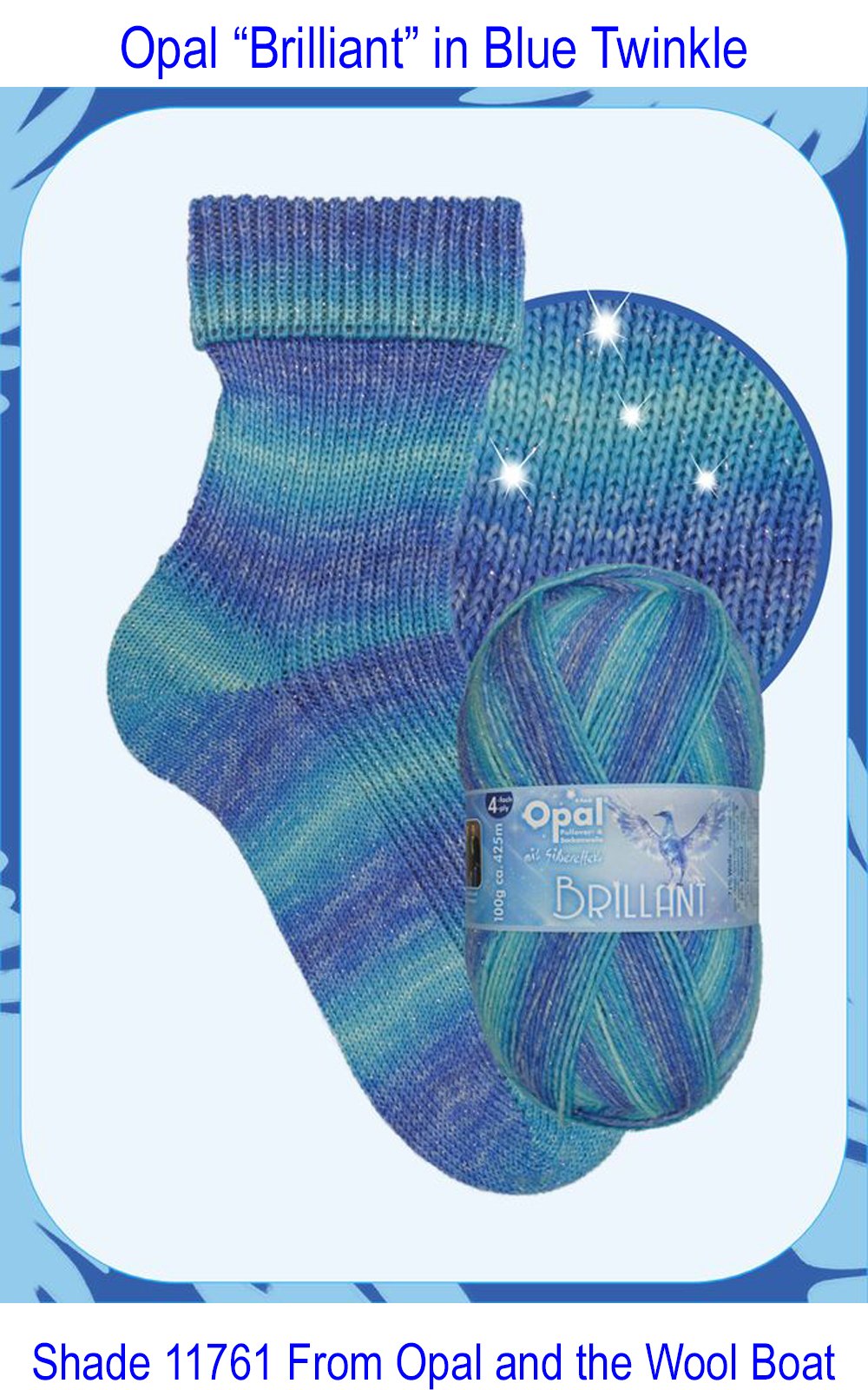 “Opal “Brillant” From the Wool Boat and Opal, shade 11761 4 ply in shades of blue sparkly knitting or crochet yarn from Opal range.71% Wool - 26 % polyamide and 3% polyester, It is ideal for socks and more! Makeup - Size 100gm balls (425m) Tension Stitch 30 Stitches x 42 Rows to a 4-inch square. 2.25mm (UK13) needles A quality yarn at a nice price from a unique wool shop. If you can’t get to us on The Wool Boat we can post out to a UK address for postage cost if applicable. Machine Wash 40° This is the “Brillant” Shade no 11761, in shades of blues with a sparkle. The dye lot no is 4096 Collect from The Wool Boat moored near Burscough in West Lancashire or this yarn can be posted out to a UK address with postage and packing added if applicable. Thank you for having a look, Carole, and Capt Col on The Wool Boat.